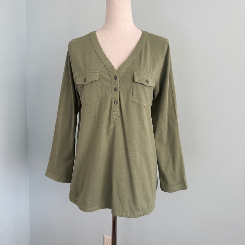 J Jill Petite Long Sleeve Half‎ Button Green Top Size L Petite